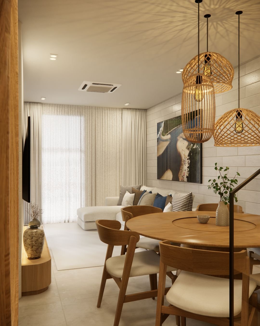 Living com cortinas e jantar